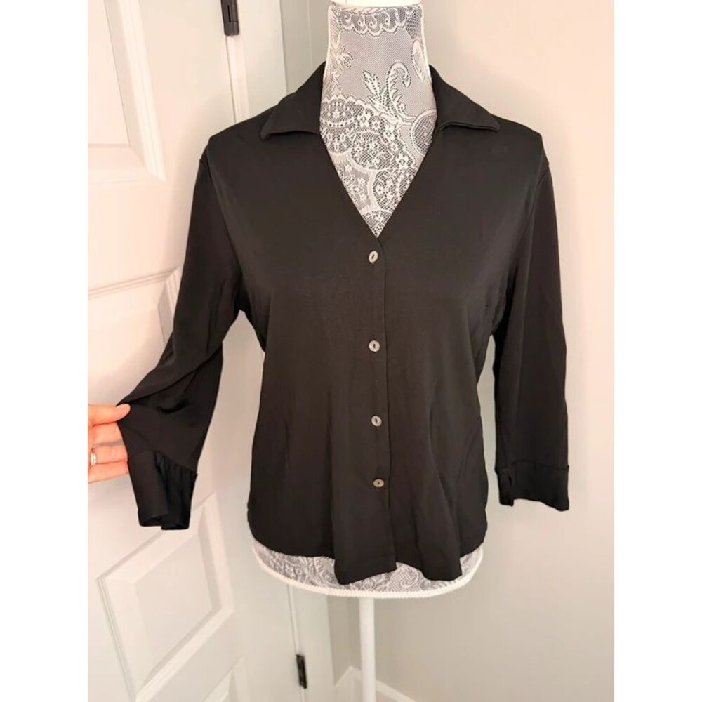 Vintage Valerie Stevens Black Rayon Button Down Stretch Blouse Shirt Size Large